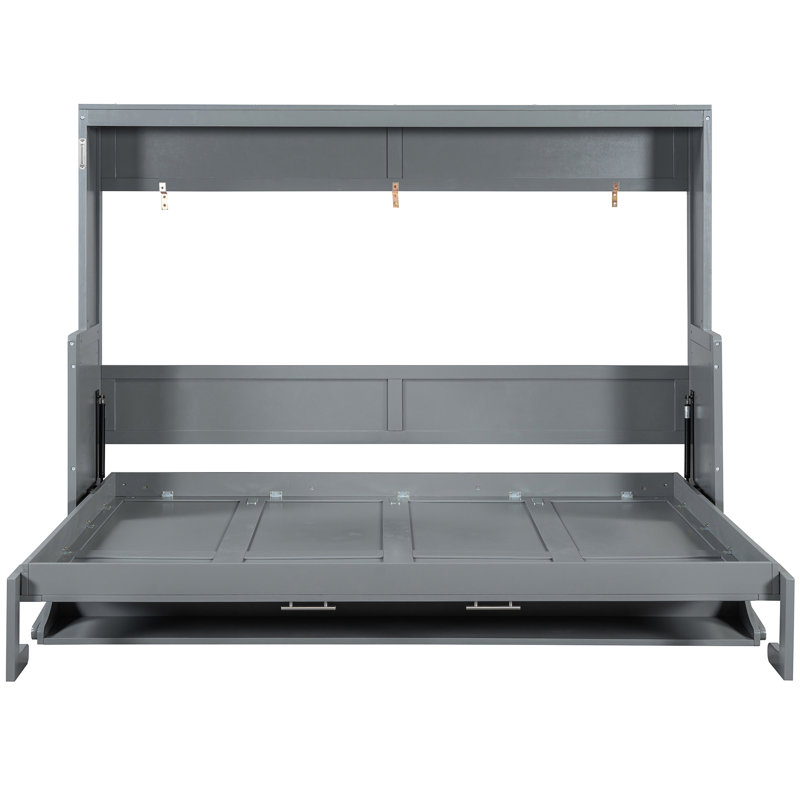 Grand lit gris avec fonction de levage et de bureau hydraulique, peu encombrant, cadre de support de 600 lb, rangement intégré pour le matelas, charnières murales de 10 po, petit design, suggéré