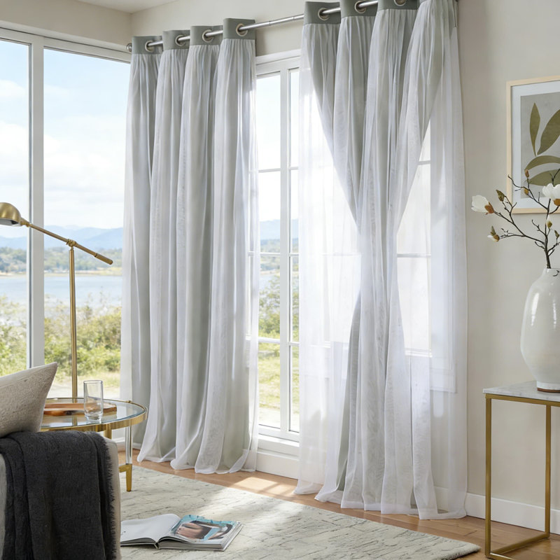 Double Layer Curtains 2-Pack - Sheer & Blackout Room Darkening Panels With Grommet Top For Energy Efficiency, 52" W x 96" L