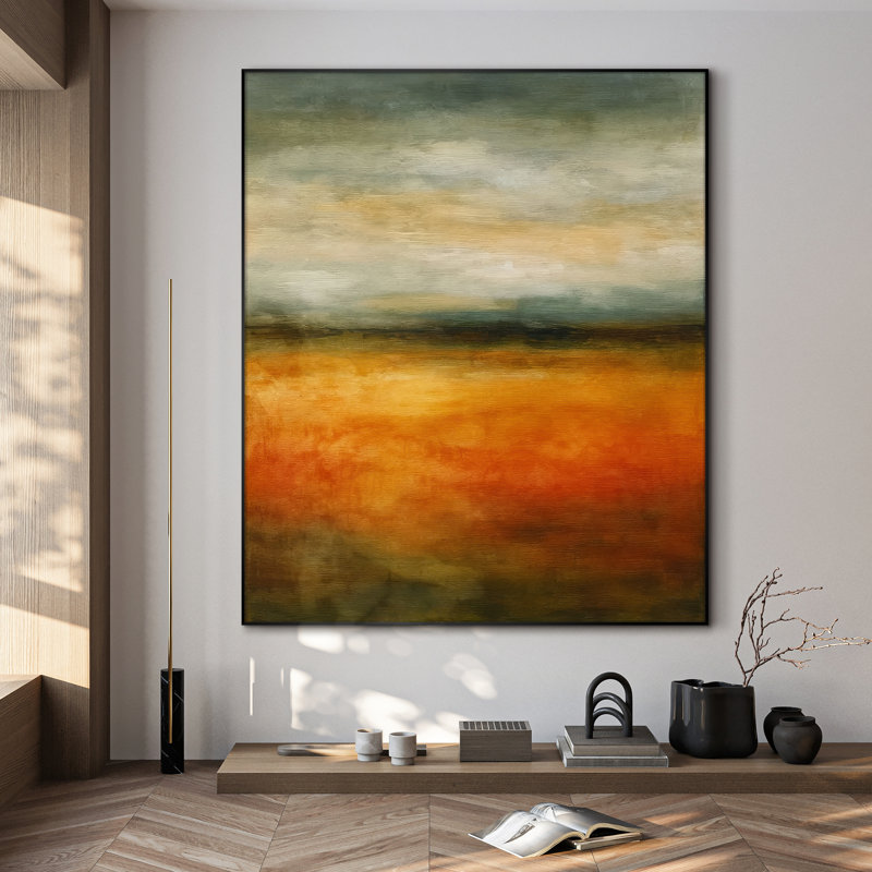 Très grand art mural imprimé sur toile - Gris et orange, paysage abstrait Moody Horizon, œuvre d'art contemporaine pour le salon ou la chambre à coucher - «Assemblage requis du cadre (cadre non fini)»