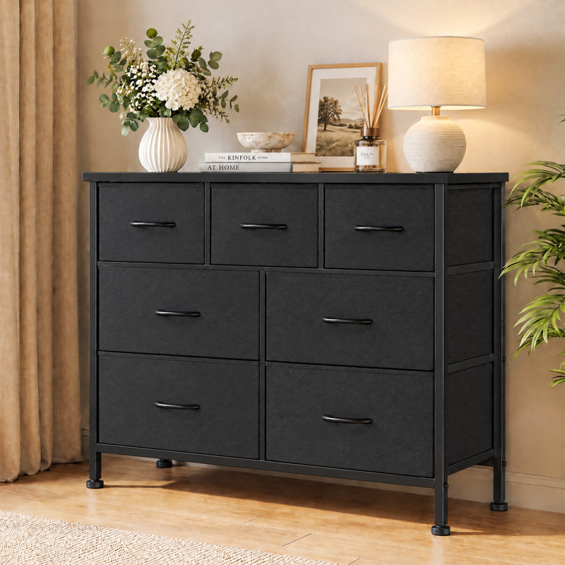 Verdi 7‑Drawer Wide Modern Fabric Dresser, Bedroom Dresser Chest of Drawers for Home Storage, Black