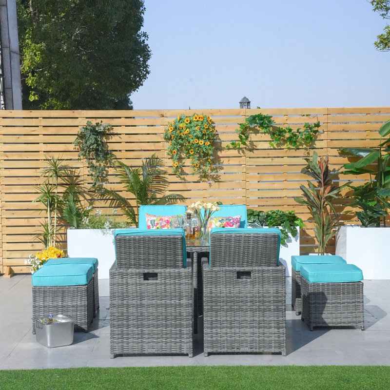 8 - Person Wicker Patio Dining Set with Square Table , Cushions Included, Gray, Cyan