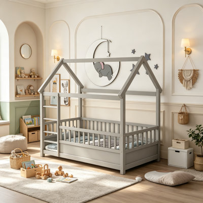 Lit de maison Montessori avec garde-corps élevé et entrée latérale ouverte pour le coin lecture de la salle de jeu, lit de plancher pour enfants avec cadre de toit décoratif pour transition, taille simple, gris