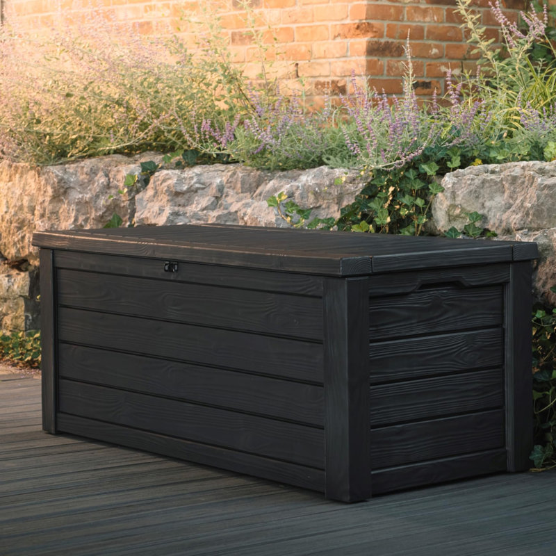 Outdoor & Indoor 150 Gallon Storage Deck Box, ‎lockable Resin Patio Bin & Bench For Garden Tools, Gray