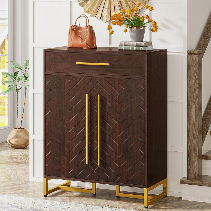 Armoire à chaussures 31,5 pouces en bois noyer et or avec portes