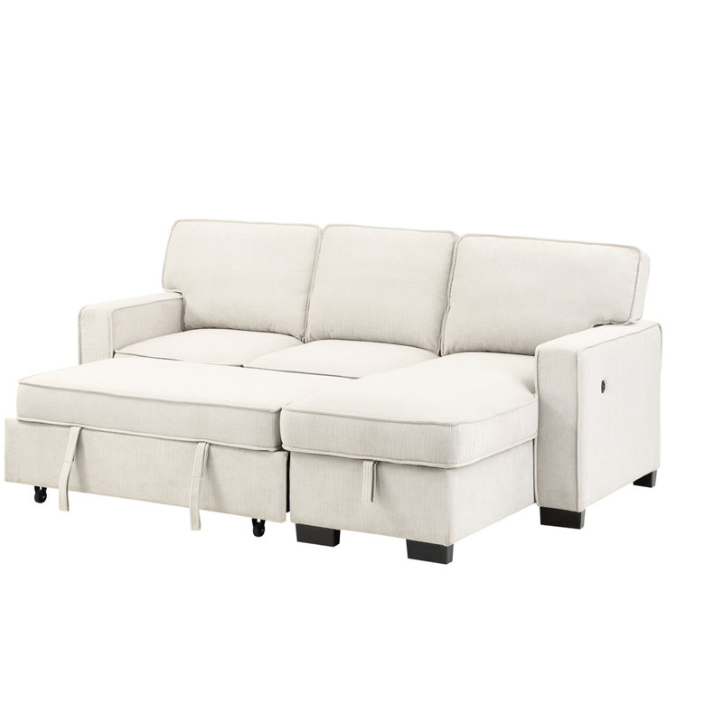 Canapé modulaire relaxant en tissu avec canapé-lit réversible, méridienne de rangement, table rabattable, 2 porte-gobelets et compartiment beige confortable, supports, canapé-lit 2 ports USB