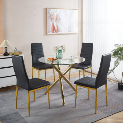 Ensemble de salle à manger 1 + 4,5 pièces, table de salle à manger Mid-Century pour 4 à 6 personnes avec plateau en verre, table de salle à manger à piédestal, table basse de loisirs.