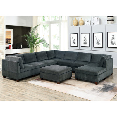Canapé modulaire contemporain en chenille gris 9 pièces pour salon, avec 3 canapés d'angle, 4 chaises sans accoudoirs et 2 repose-pieds modulaire
