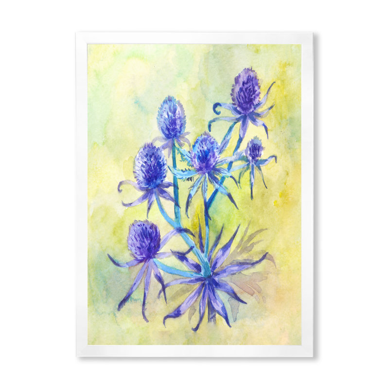 «Blue Wildflower Ernygium», art mural traditionnel sur toile, Cadre photo blanc, H 32 po x l 16 po x P 1 po