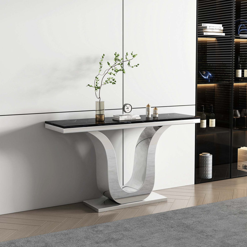 50'' Marble Top Console Table, Silver, Black