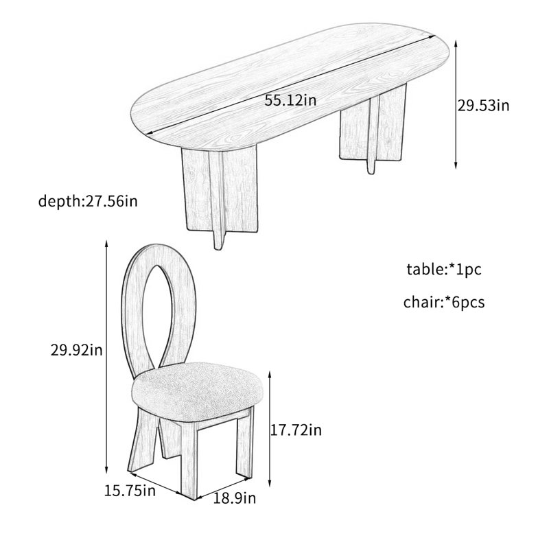 Solid Wood Durable Oval Dining Table Sets., 29.53"H x 55.12"L x 27.56"W, 7