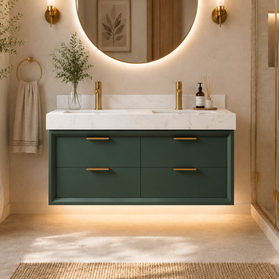 48" Floating Wall Mount Double Undermount Sink Bathroom Vanity, Solid Wood Cabinet with Engineered Stone Top, Built-in LED Night Light, 4 Dovetail Soft Close Drawers, Pre-Assembled