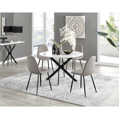 Tierra Black Metal and White Gloss Round Dining Table Set with 4 Luxury Faux Leather Dining Chairs