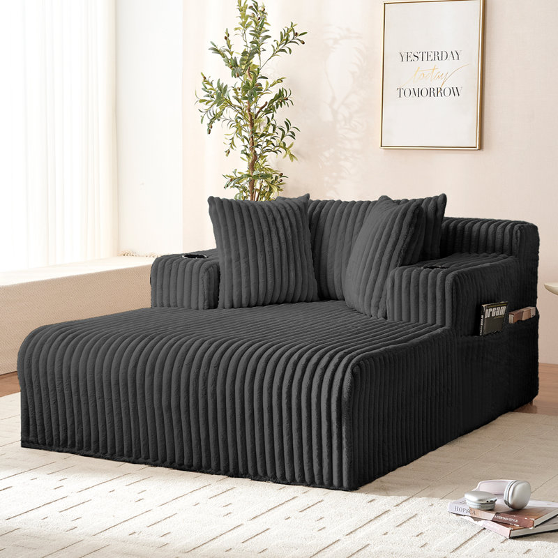 Fauteuil surdimensionné en velours côtelé avec 3 coussins et une poche latérale, Gris foncé