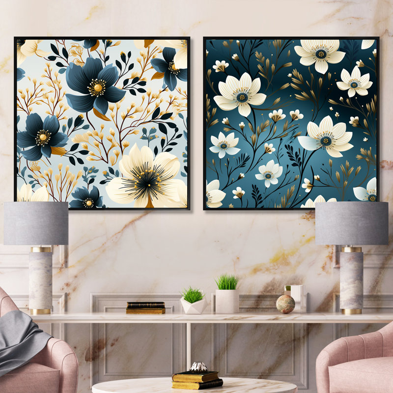Flavie - Ensemble de 2 collages carrés floraux, Cadre flottant noir, H 16 po x l 33 po