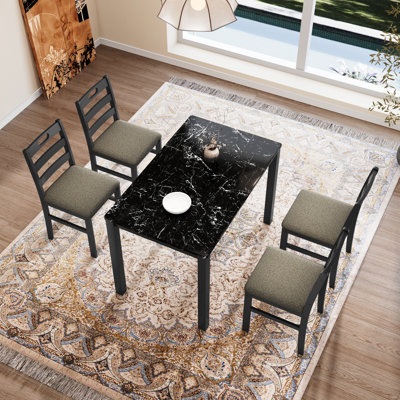 5-Piece Counter Height Dining Table Sets, Space-Saving Solid Wood Kitchen Dining Sets With Faux Marble Table & 4 Slat Back Linen Upholstered Chairs
