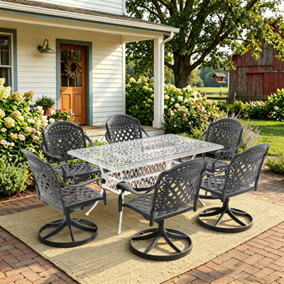 Ensemble de 6 chaises pivotantes de patio en fonte d'aluminium avec accoudoirs et coussins rouges