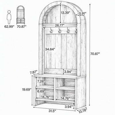 Arbre d'entrée rustique à sommet arqué avec crochets à manteau, casiers de rangement pour chaussures et banc d'entrée, armoire de rangement en MDF pour vestibule