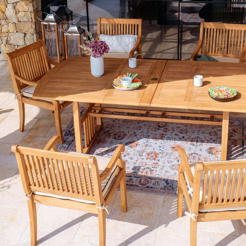 Salome 6 - Person Extendable Teak Patio Dining Set With Cushions, Taupe with Black Piping, Natural Teak