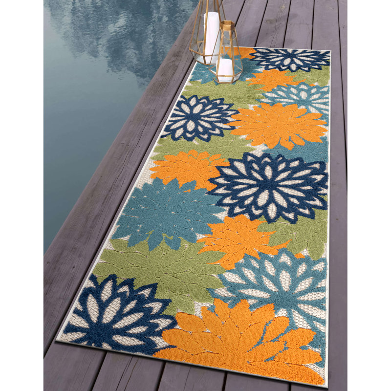 Tapis floral ivoire / multicolore intérieur / extérieur, Multi, Tapis de couloir de 2 pi x 7 pi