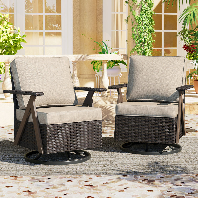 2-Person Polyethylene (PE) Wicker Outdoor Lounge R-Armrest, Swivel & Rocking Chair with Beige Cushions, Beige