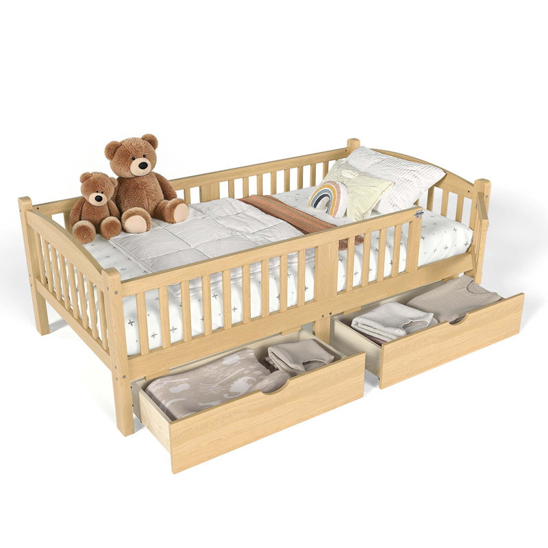 Lit plateforme sécuritaire pour enfants avec garde-corps complets et rangement sous le lit, Twin, Naturel