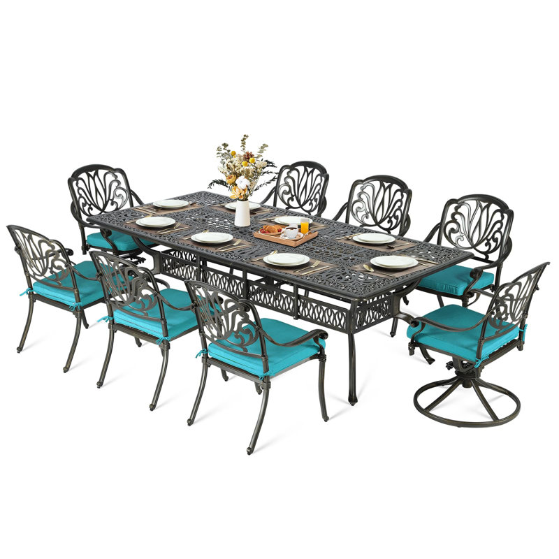 Meetwarm 9-Piece Outdoor Patio Dining Set, All Weather Cast Aluminum Patio Funiture Table And Chairs Set- 94.5" Rectangular Table And 2 Swivel Rocker Chairs, 6 Stationary, Umbrella Hole