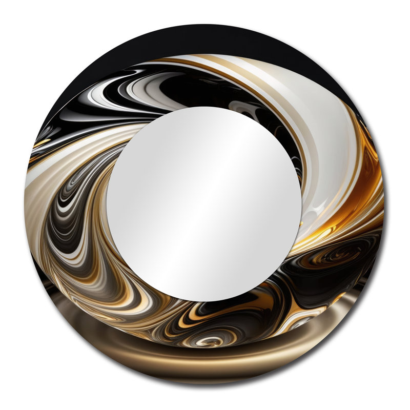 Sorin Gold And Black Stained Glass Spiral II - Abstract Spirals Large Mirror, Modern Round Unique Wall Mirror Decor, Printed Metal Art
