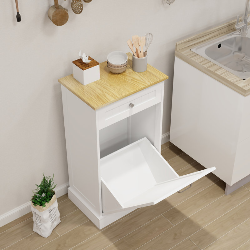 White Wooden 10 Gallon Pull-Out Trash Cabinet with Drawer