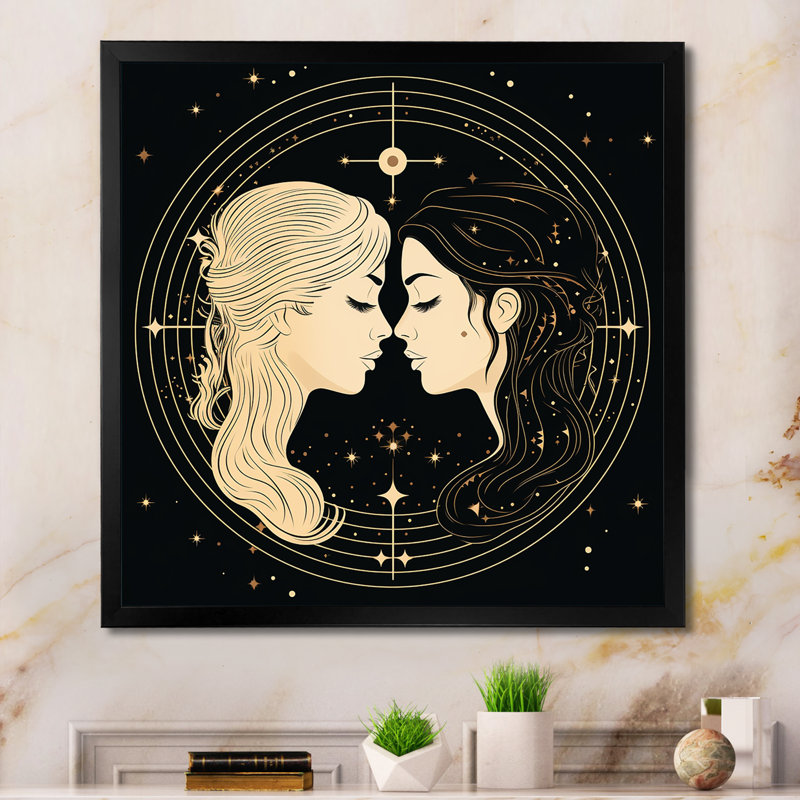 Signe du zodiaque Gémeaux - impression sur toile astrologie, H 24 po x l 24 po x P 1 po, Cadre simple noir