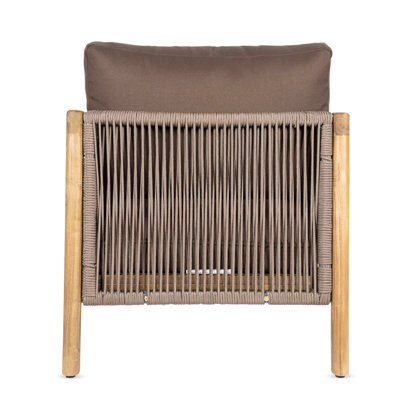 Fauteuil club d'extérieur, structure en bois d'acacia avec dossier en corde, coussins bruns hydrofuges pour patio / cour arrière / terrasse, ensemble de 2