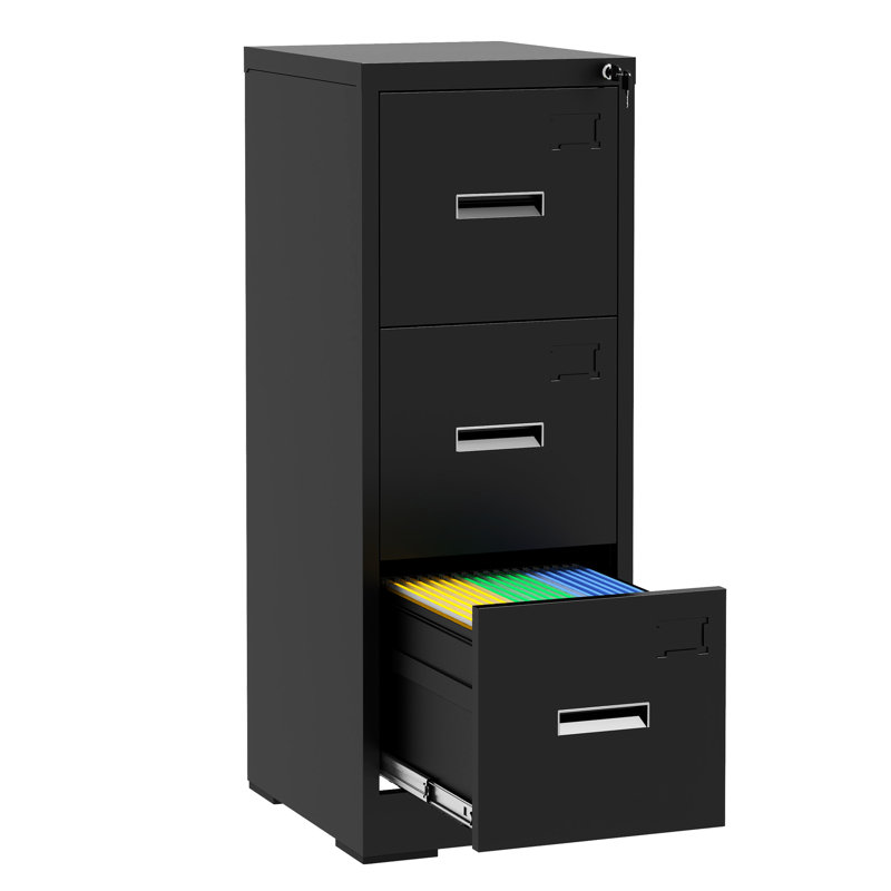 Black 3 - Drawer Vertical File Cabinet With Lock And Card Slot Secure A4/Legal/Letter Document Storage, Reliable Adjustable Hanging Rods Quiet Slides