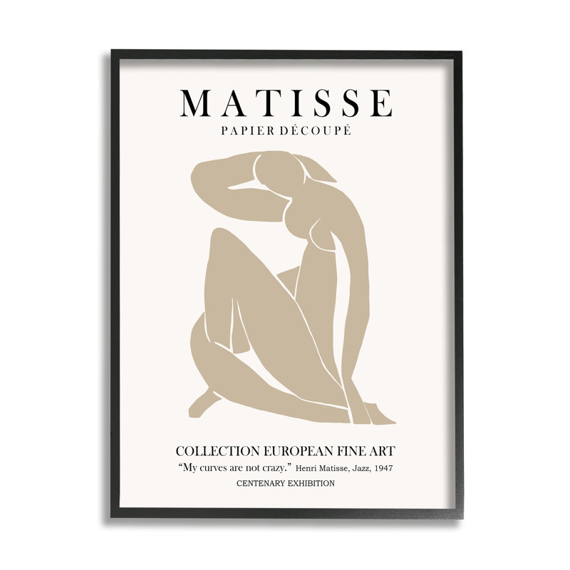 Neutre, silhouette, femme moderne, texte d'exposition Matisse, L 16 po x H 16 po, Giclée encadrée noir minuit