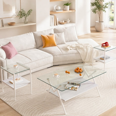 Ensemble de 3 tables basses et tables de bout, table en verre trempé avec panneau de fibres à densité moyenne, verre transparent