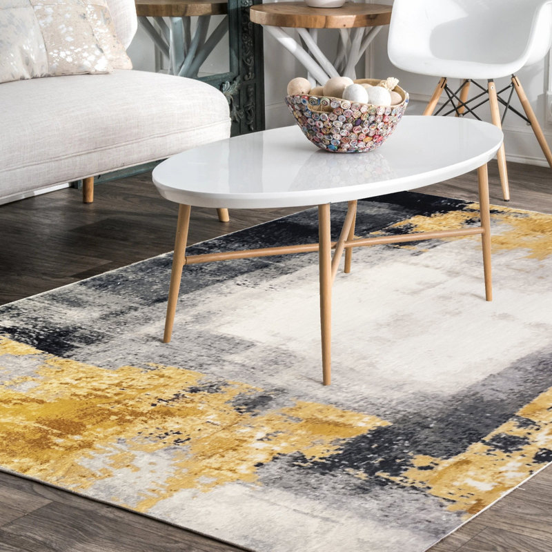Tapis jaune / gris / blanc, Rectangle 5 pi x 7 pi