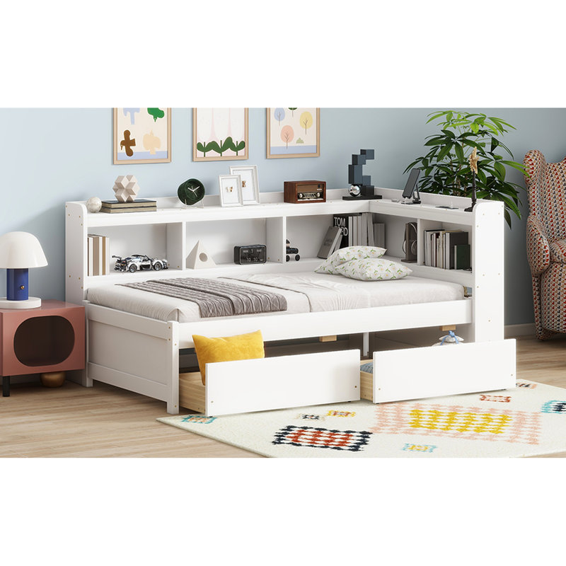 Lit simple avec bibliothèques en forme de L, ports de chargement et deux tiroirs en pin blanc pour la chambre à coucher, prises de courant encastrées Space Solution, rangement facile à assembler, design