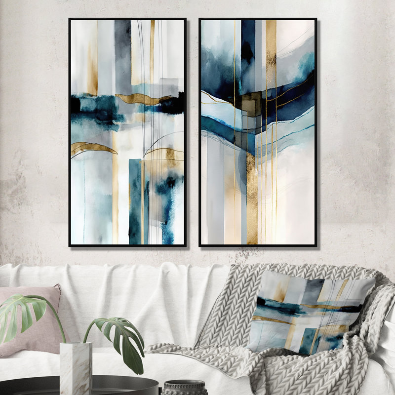 «Abstract Transitional Modern Shapes», 2 pièces sur toile, Cadre noir, H 40 po x l 40 po