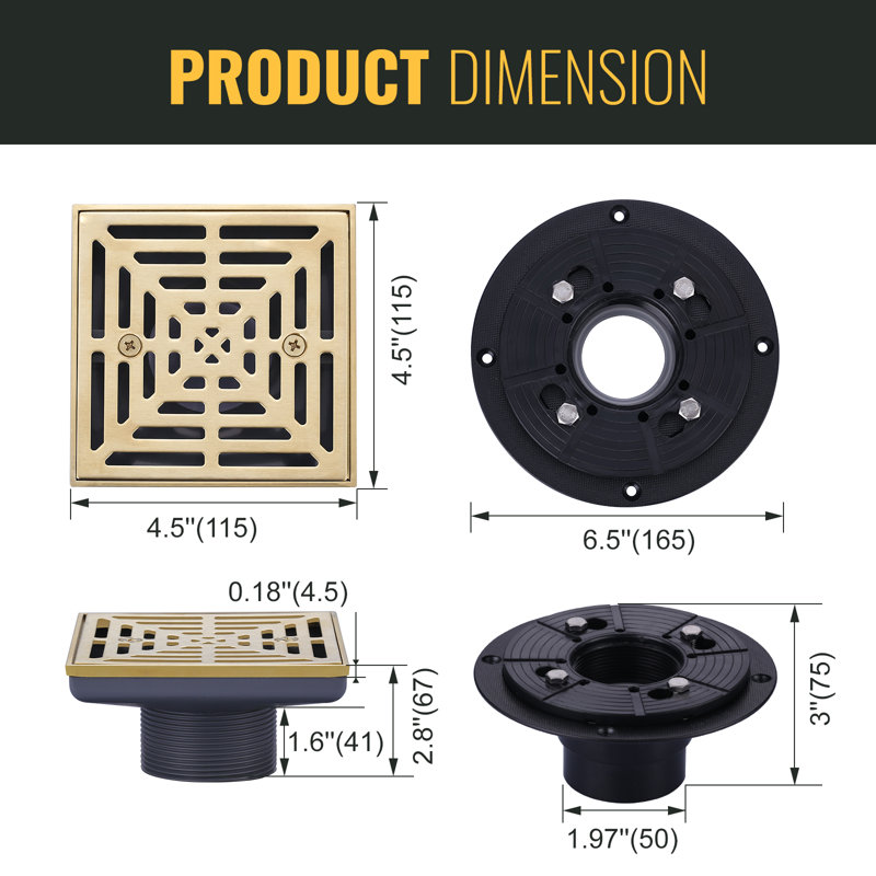 4.5 In. Floor Drain With Square Stainless Steel Screw-Tite Strainer, Brushed Gold