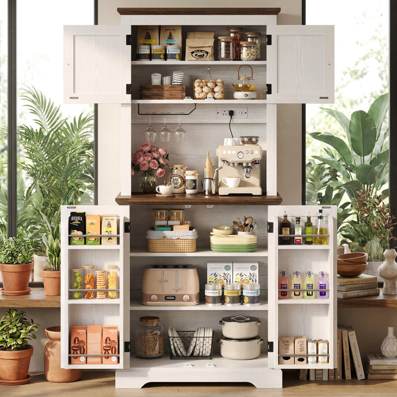 Armoire de cuisine de style champêtre de 182 cm de haut avec prise électrique et support pour micro-ondes