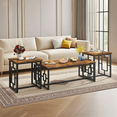 3 Pieces Living Room Table Set, Industrial Coffee Table With 2 Square End Side Tables, Coffee Table Set With Metal Frame For Apartment Home Office,