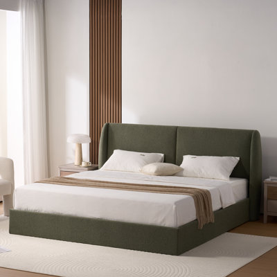 Upholstered Platform Bed Frame With Wingback Headboard, No Box Spring Needed, Olive Green Tweed