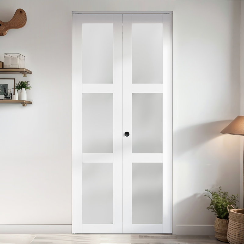 30 in. White MDF Bi-Fold Door with Frosted Glass Panels