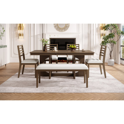 TREXM Extendable Wood Dining Table Set for 6, 60"-72" Rectangular Table with Removable Leaf, 4 Ladder Back Chairs & 48" Upholstered Bench, Complete Ki