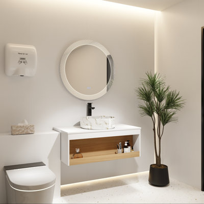 Floating Vanity with Golden Sand Pattern Vessel Sink and Open Shelf