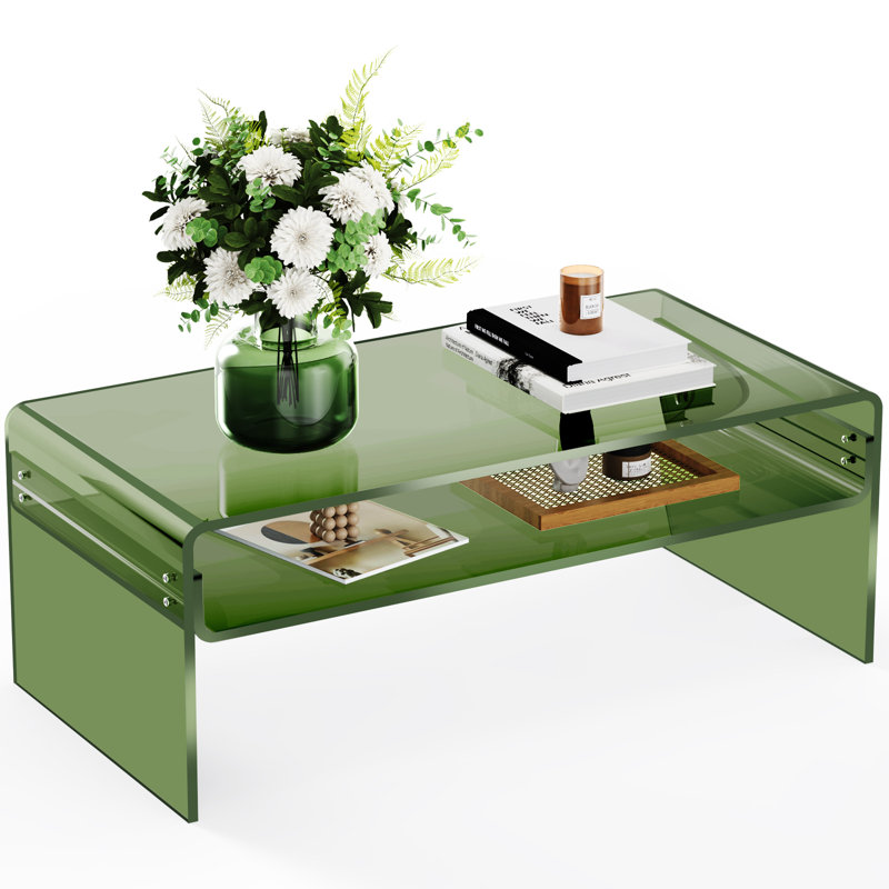 Freysteinn Acrylic Coffee Table,  2 Tiers Clear End Table with Storage Shelf, 19.7"D x 31.5"W x 15"H, Green