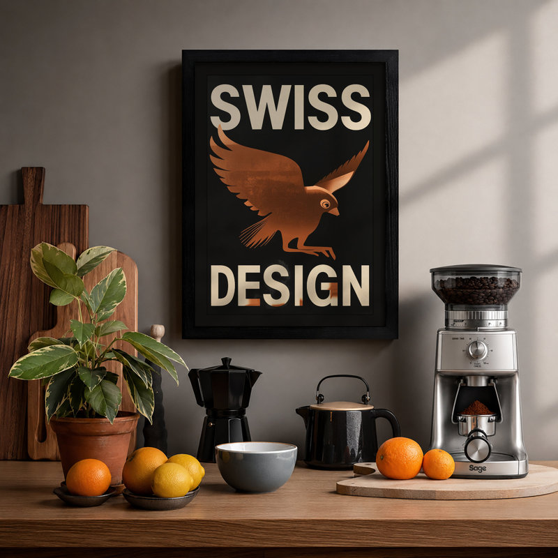 Swiss Design Eagle Minimalist - Framed Print, Black, A4 - 29.7 x 21.0 cm
