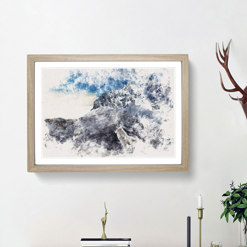 White Wolf with a Mountain Landscape - Framed Print, Oak Framed, 45cm H x 63cm W x 2cm D