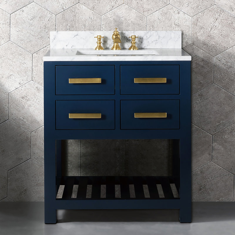 Doucette 30" Single Bathroom Vanity Set with Carrara White Marble Top, Monarch Blue, No