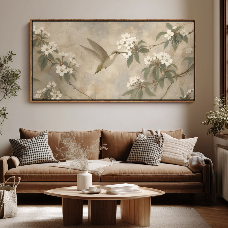 Très grand colibri sur une branche de fleur, reproduction d'art, H 30 po x l 60 po, Naturel