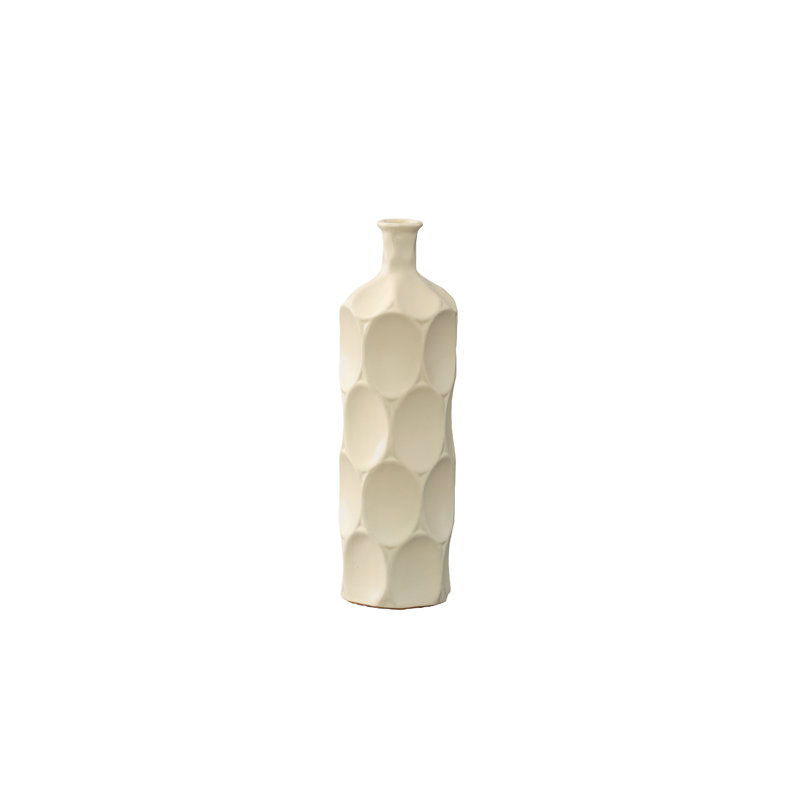 Ceramic Round Bottle Vase with Pressed Ovate Pattern Design Body SM Matte, Beige, 14" H x 4.5" W x 4.5" D