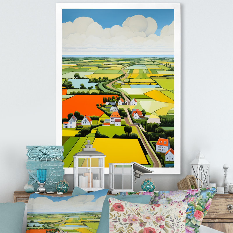 Paysage de ferme sur toile, "De Stijl", Cadre simple blanc, H 44 po x l 34 po x P 1,5 po